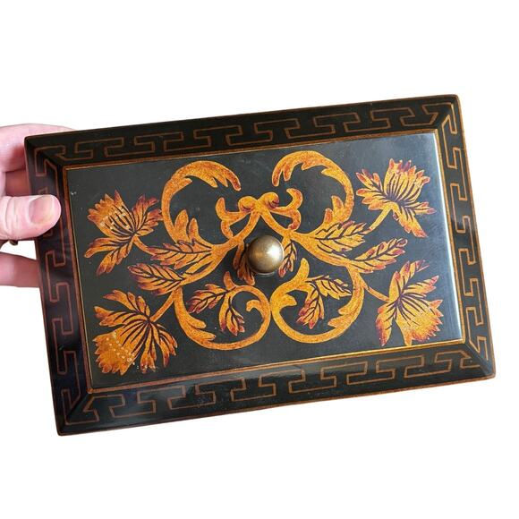 Ornate wooden jewelry box lift ff lid velvet tray black brown gold lacquer - Picture 8 of 13
